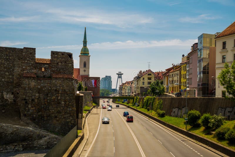 Bratislava, Slovakia: View on Bratislava city with St. Martin`s Cathedral. UFO bridge over Danube river stock photo Bratislava, Slovakia: View on Bratislava city with St. Martin`s Cathedral. UFO bridge over Danube river stock photo