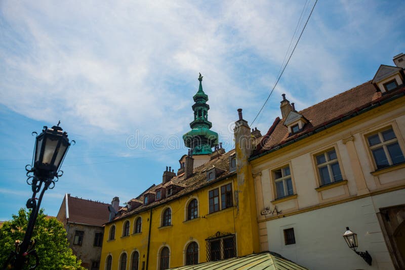 BRATISLAVA, SLOVAKIA: Michael`s Gate in the old town of Bratislava stock photos BRATISLAVA, SLOVAKIA: Michael`s Gate in the old town of Bratislava stock photos