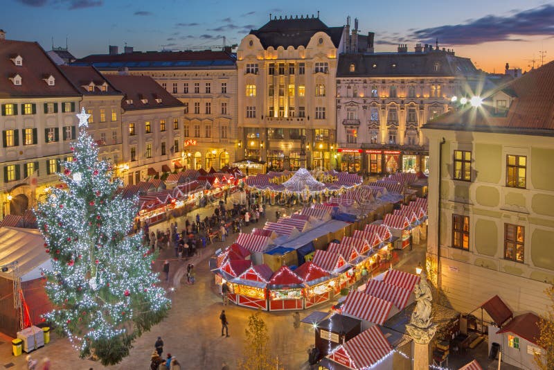 BRATISLAVA, SLOVAKIA - NOVEMBER 28, 2016: Christmas market on the Main square in evening dusk
