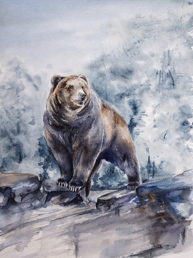 Braunbär, der auf Felsenaquarell steht stock abbildung