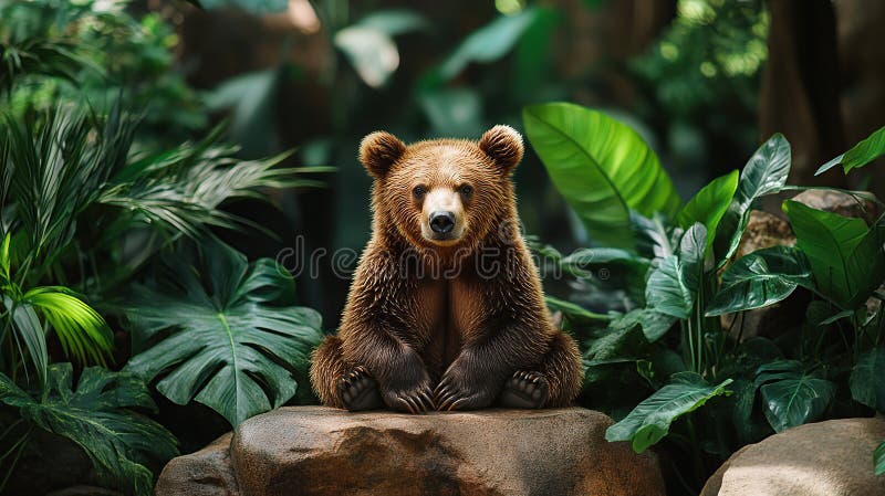 Braune Bärenkuppe sitzt mediativ auf einem Felsen inmitten üppiger Dschungelwälder bezaubernder Hintergrund Generative KI