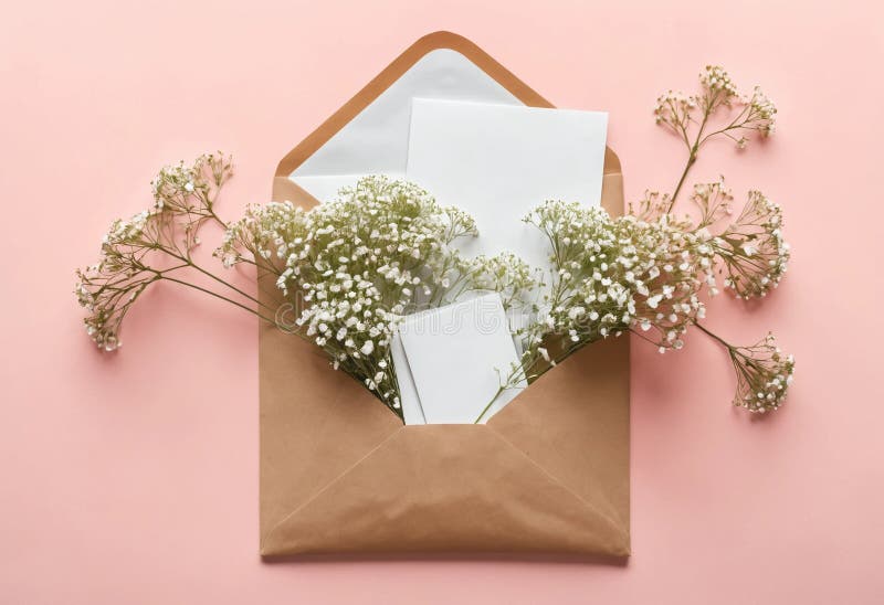 Braune Umhüllung mit weißen Blumen und weißer Karte im Inneren stock abbildung