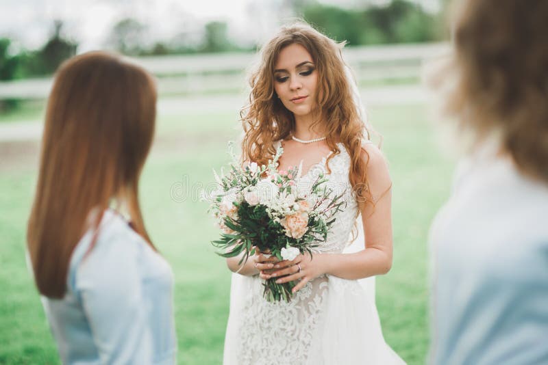 Braut mit Brautjungfern im Park am Hochzeitstag lizenzfreies stockfoto Braut mit Brautjungfern im Park am Hochzeitstag lizenzfreies stockfoto