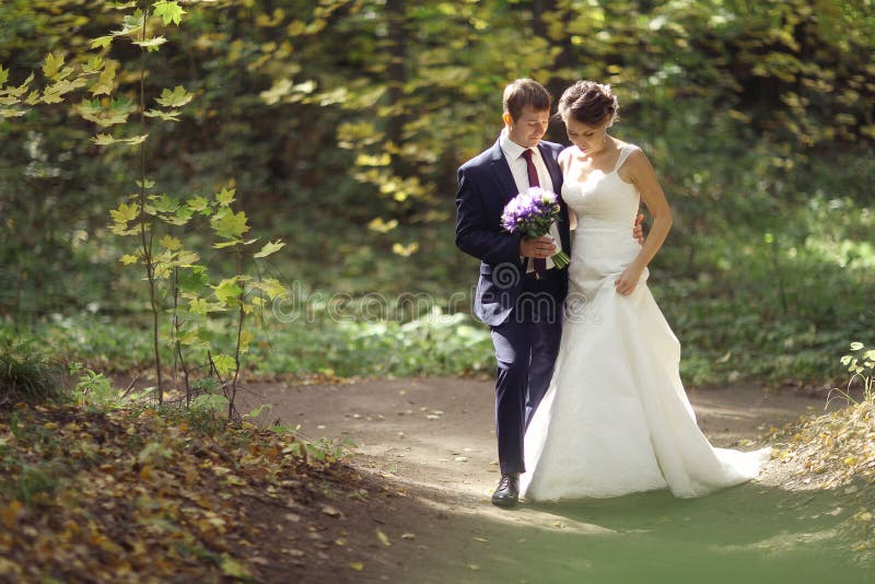 Braut und Bräutigam, die in Park gehen stockfotografie Braut und Bräutigam, die in Park gehen stockfotografie