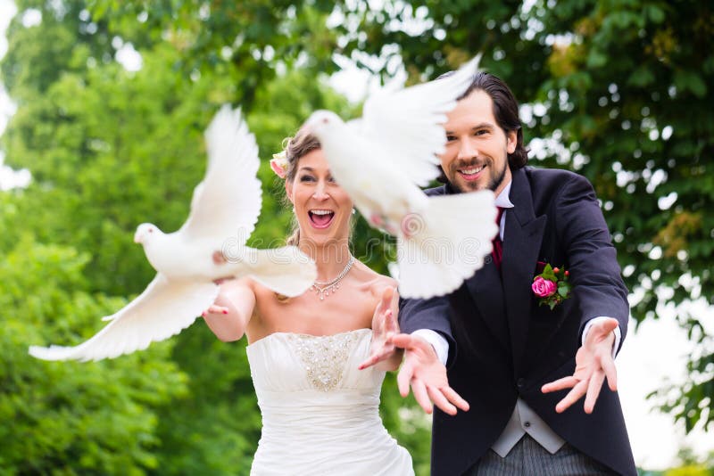 Brautpaare mit fliegenden weißen Tauben an der Hochzeit stockbilder Brautpaare mit fliegenden weißen Tauben an der Hochzeit stockbilder
