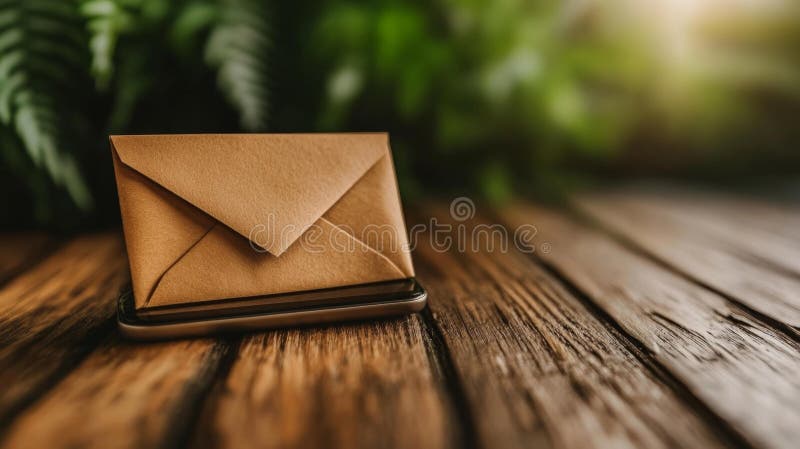 Brawn Envelope Resting on Smartphone with Green in Background stock abbildung