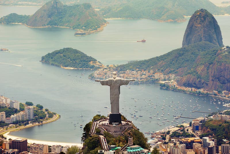 Brazil landscape, city and Christ the Redeemer on hill for tourism, sightseeing and travel destination. Traveling, Rio