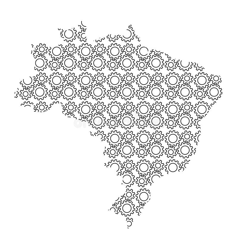 Brazil map country abstract silhouette from industrial gears drive. Black repeating pattern. Vector illustration. stock illustration Brazil map country abstract silhouette from industrial gears drive. Black repeating pattern. Vector illustration. stock illustration