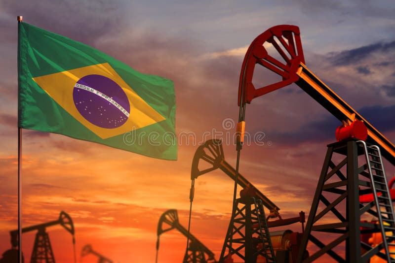 Brazil oil industry concept. Industrial illustration - Brazil flag and oil wells with the red and blue sunset or sunrise sky backg