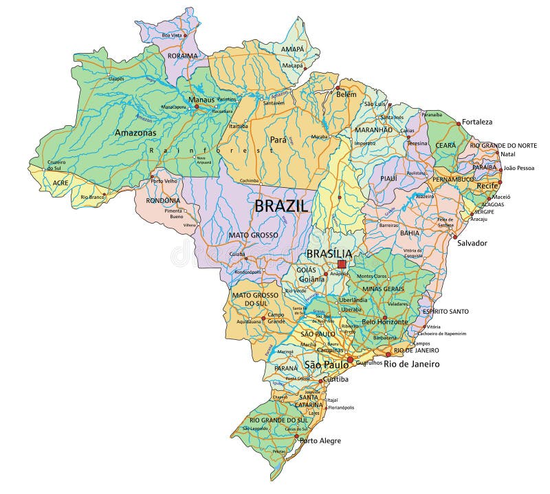 Столица бразилии на политической карте. Политическая карта Бразилии. Бразилия на политической карте. Карта Бразилии географическая. Бразилия местоположение.