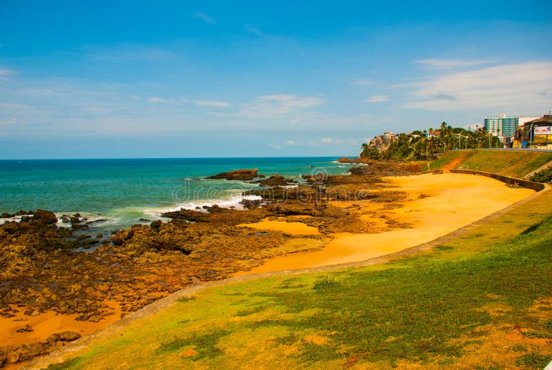 Brazilian beach with yellow sand and blue sea in Sunny weather. Brazil. Salvador. South America stock photo Brazilian beach with yellow sand and blue sea in Sunny weather. Brazil. Salvador. South America stock photo