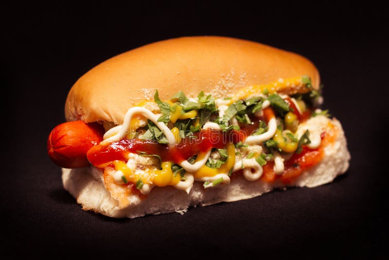 Brazilian Hot Dog, Black Background Stock Image - Image of brasil