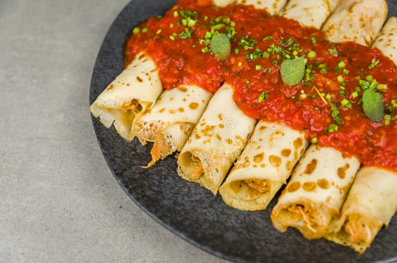 Brazilian Pancakes with Chicken, Tomato Bolognese Sauce, Rolled ...