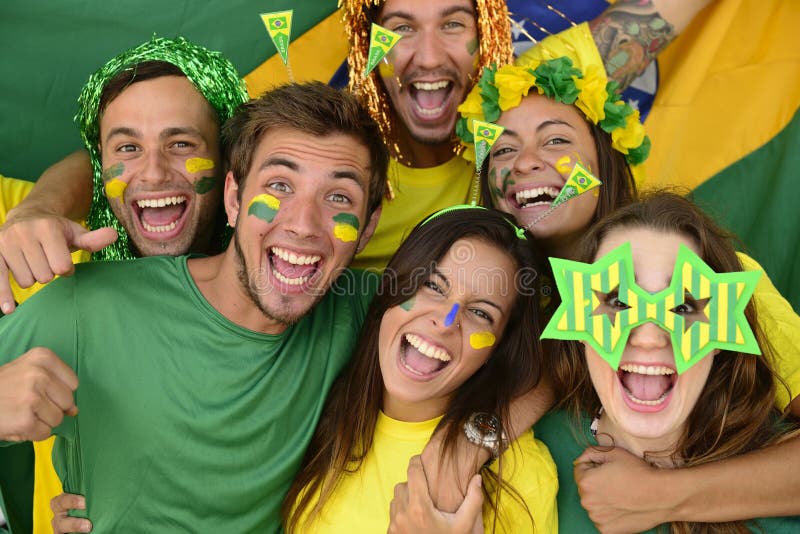 Brazilian sport soccer fans celebrating victory together.