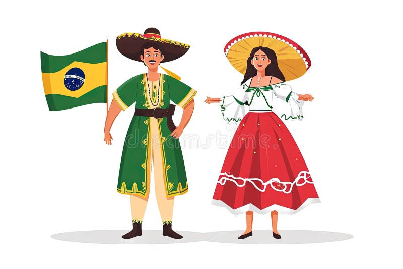 Brazilians in National Dress with a Flag. Man and Woman in Traditional ...