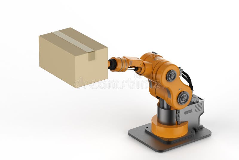 3d rendering robot arm working with cardboard box. 3d rendering robot arm working with cardboard box