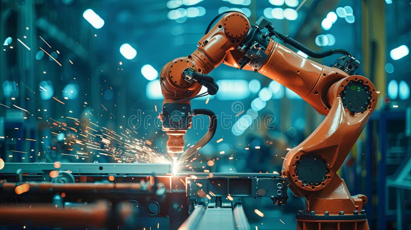 Brazo robot industrial automatizado en un almacén de fábrica stock de ilustración