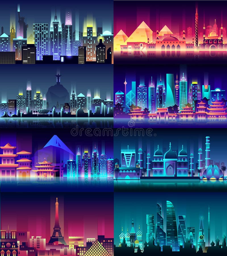 Vector vertical illustration background city night neon style architecture building town country travel Moscow, Russian, capital, France, Paris, Japan, India, Egypt, pyramids, China, Brazil USA. Vector vertical illustration background city night neon style architecture building town country travel Moscow, Russian, capital, France, Paris, Japan, India, Egypt, pyramids, China, Brazil USA