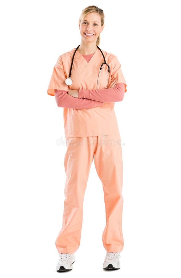 Braços fêmeas de With Stethoscope Standing da enfermeira cruzados imagem de stock Braços fêmeas de With Stethoscope Standing da enfermeira cruzados imagem de stock