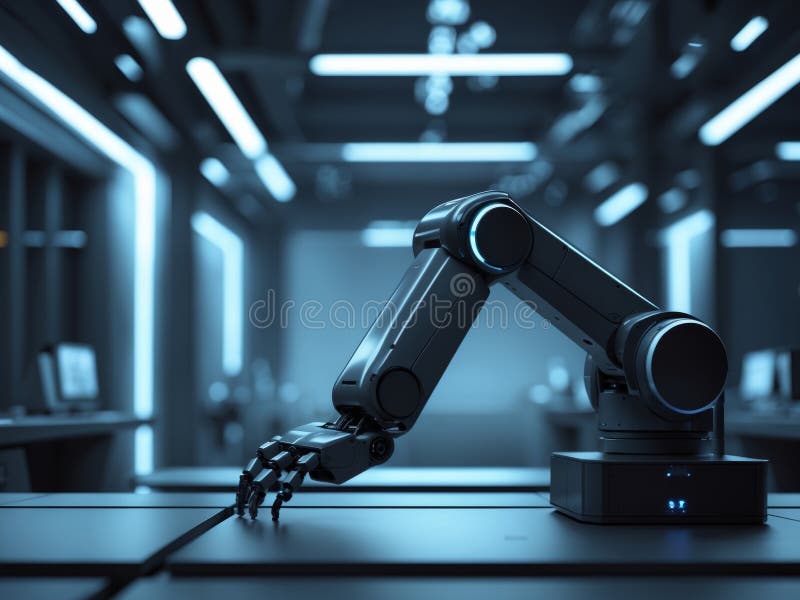 Braț robotic care funcționează într-un laborator automat modern pe timp de noapte. stock photography