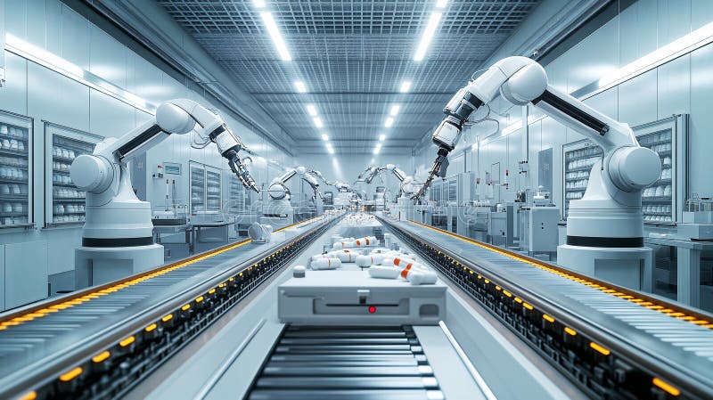 Brațele robotice gestionează eficient producția farmaceutică în instalații moderne. stock illustration