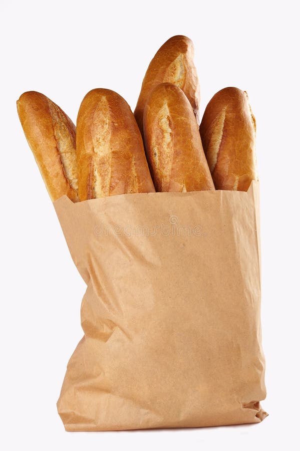 Loaf of white bread, packaged in a paper bag on white background