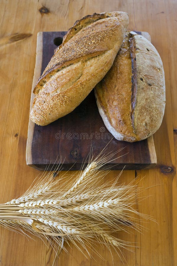 Two loafs of sour dough bread with bundle of wheat