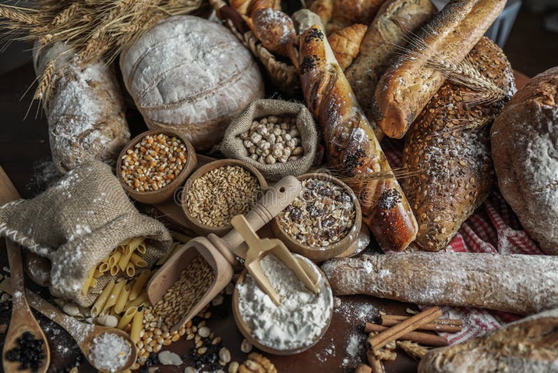 Bread background. Brown and white whole grain loaves wrapped in kraft paper composition on rustic dark wood with wheat ears scatte royalty free stock photography Bread background. Brown and white whole grain loaves wrapped in kraft paper composition on rustic dark wood with wheat ears scatte royalty free stock photography
