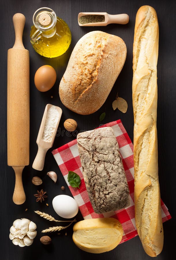 Bread and bakery products on wood