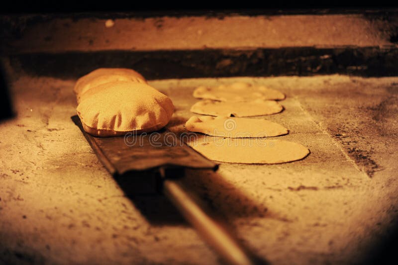 Bread Baking in an Open Firewood Oven Traditional Stock Image Image