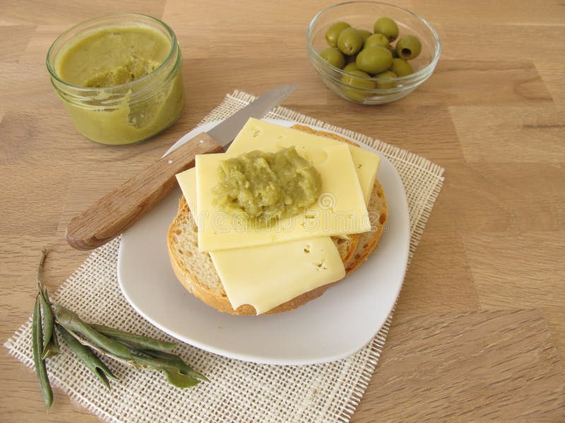 Bread with Cheese and Green Olive Jam Stock Photo Image of homemade