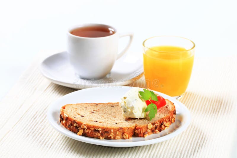 Bread with Cheese Spread, Tea and Orange Juice Stock Photo Image of