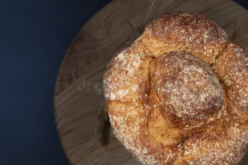 Bread close up with golden crust and crumb texture stock photo