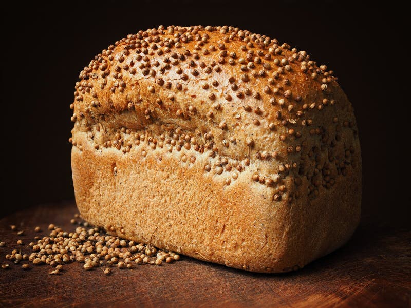 Bread with Coriander Seeds on Dark Wood. Focus Stacking Stock Photo