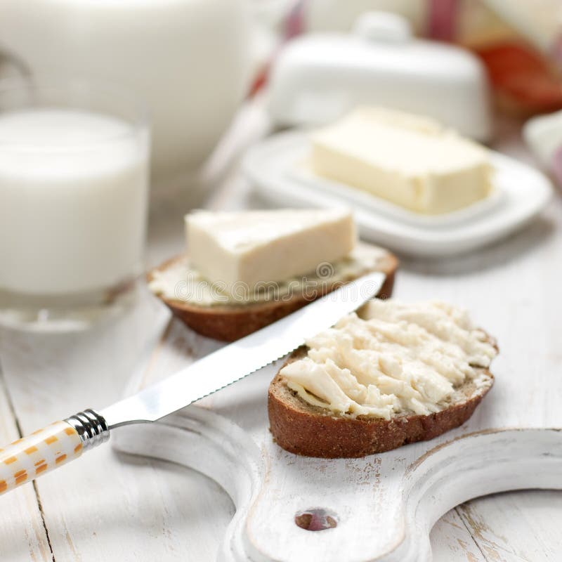 Bread with cream cheese close up