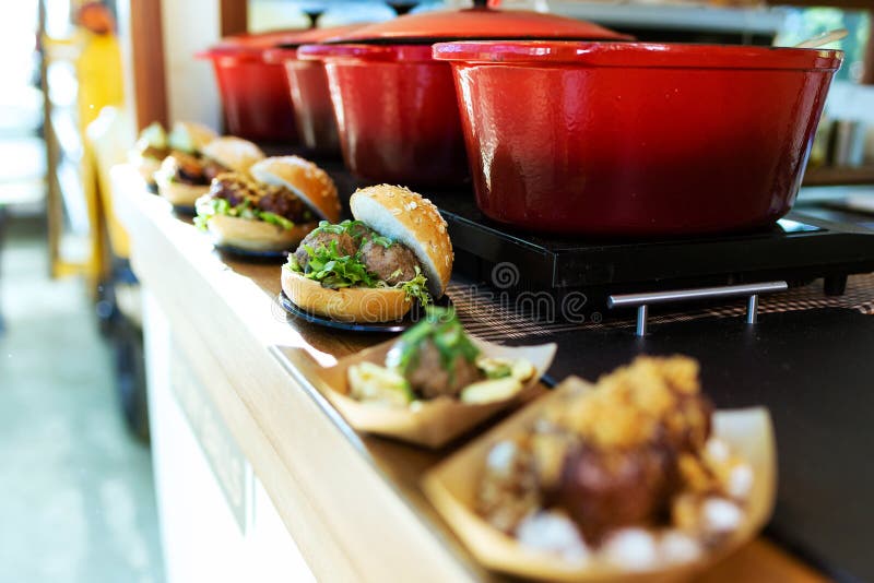 Bread with different types meatballs in a food truck. royalty free stock images