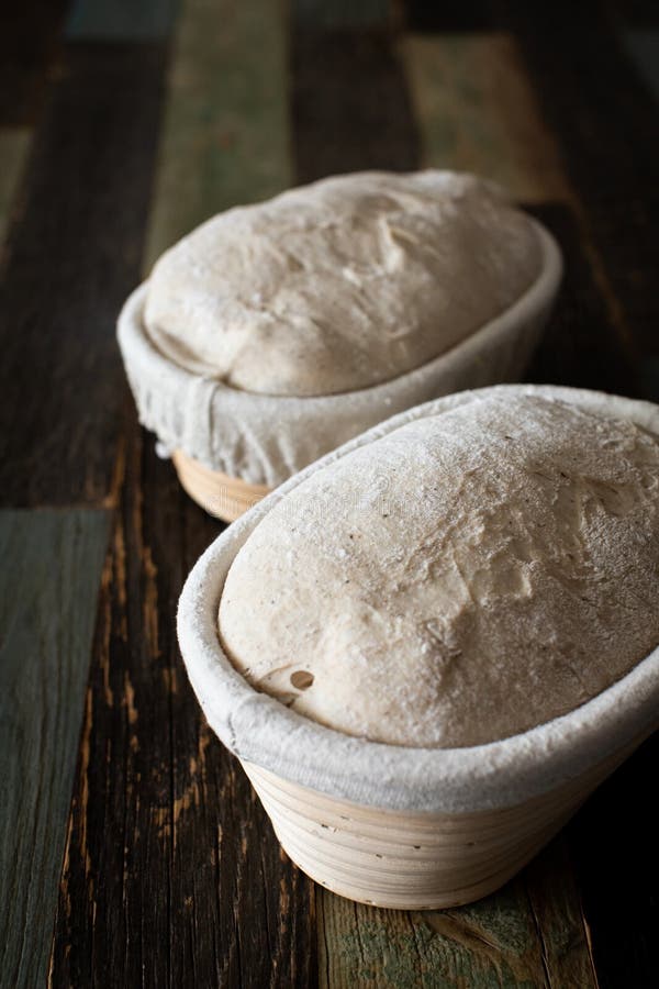 Bread Dough in a Rattan Basket on a Table Made of Wood Stock Image