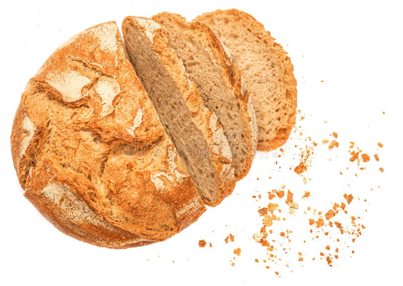 Bread loaf with  slices and bread crumbs  viewed from above isolated on white background. Top view. Flat lay