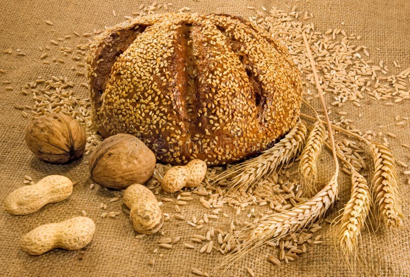 Bread, Nuts And Wheat In The Matting Closeup Stock Image Image of aromatic, healthy 63387827