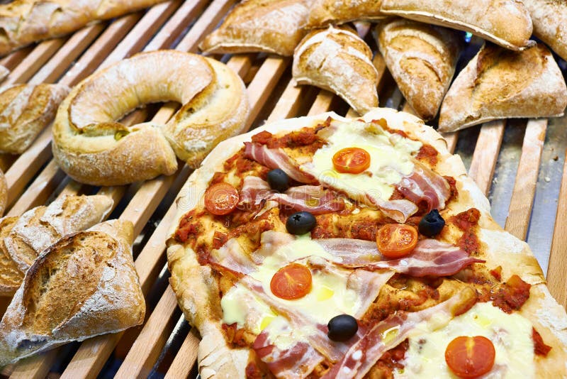 Bread and Pizza on a Wooden Counter of Cafe Stock Image Image of bread, dough 90243519