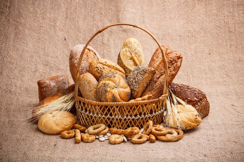 Bread and rolls in wicker basket