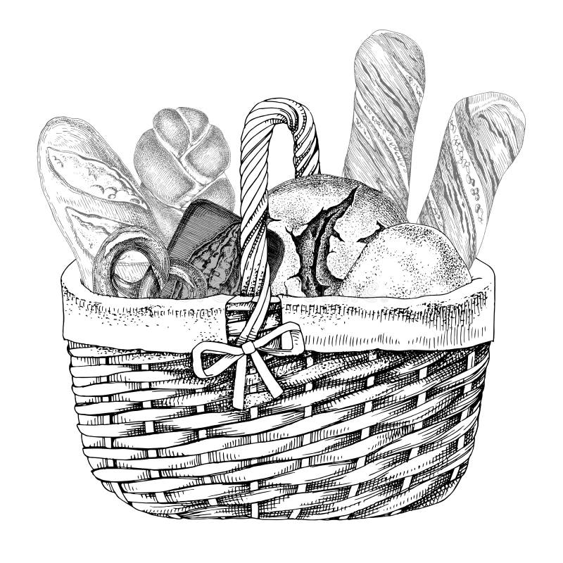 Bread and Rolls in Wicker Basket Isolated on White Stock Vector