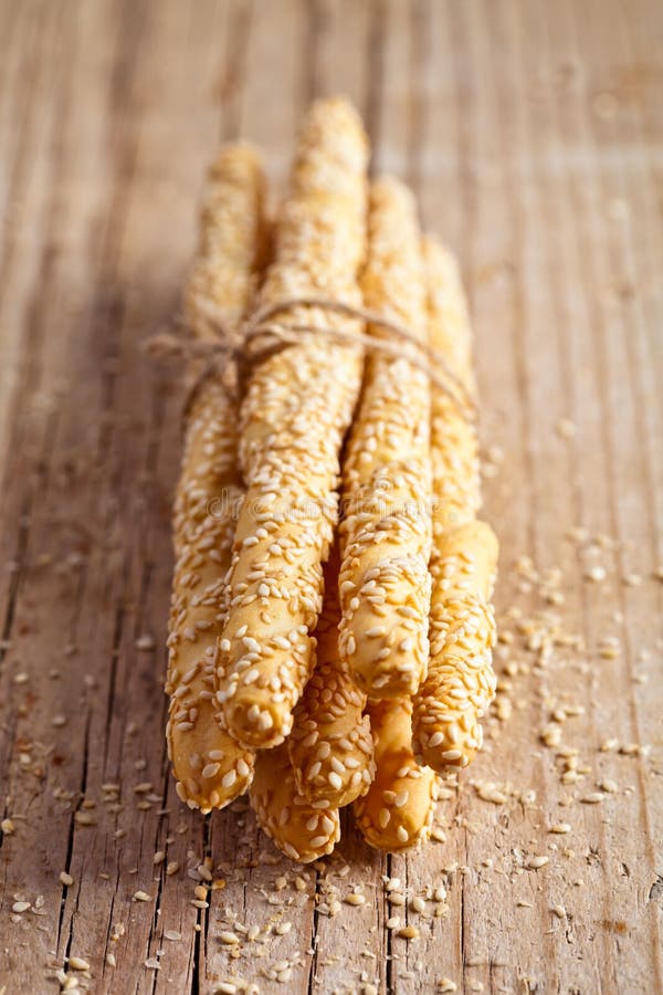 Bread Sticks Grissini With Sesame Seeds In Craft Pack Stock Photo