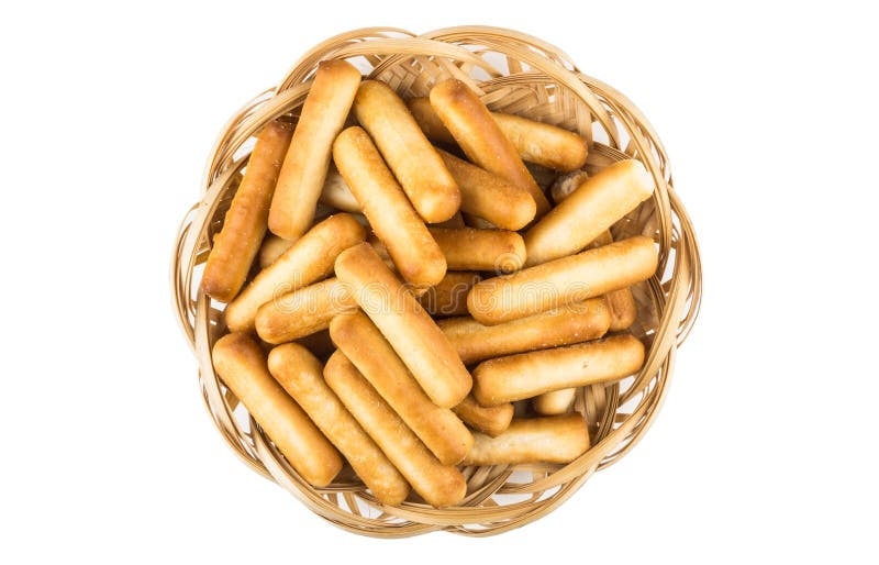 Bread Sticks With Salt In Wicker Basket, Top View Stock Photo Image