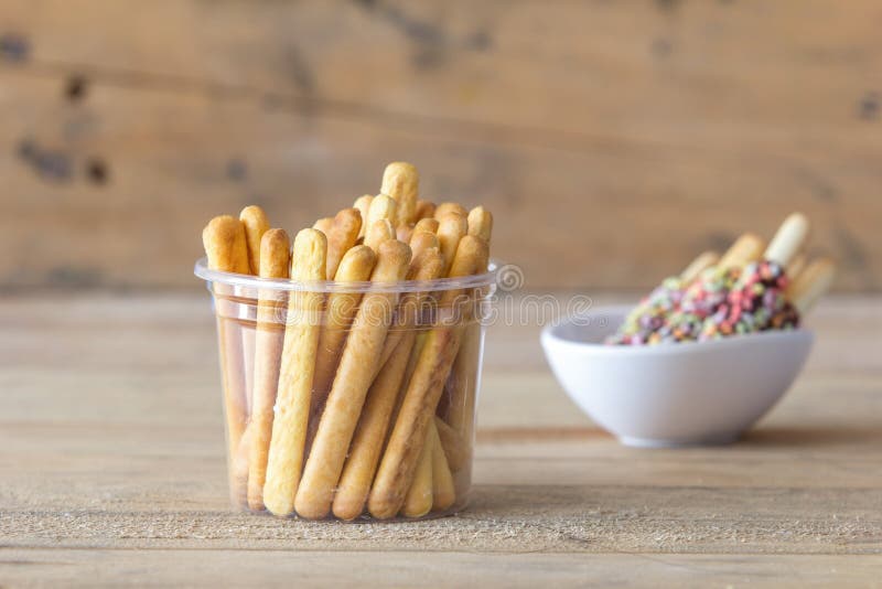 Bread Sticks with Chocolate and Colorful Sprinkles for Children, Snack for Kids Stock Photo