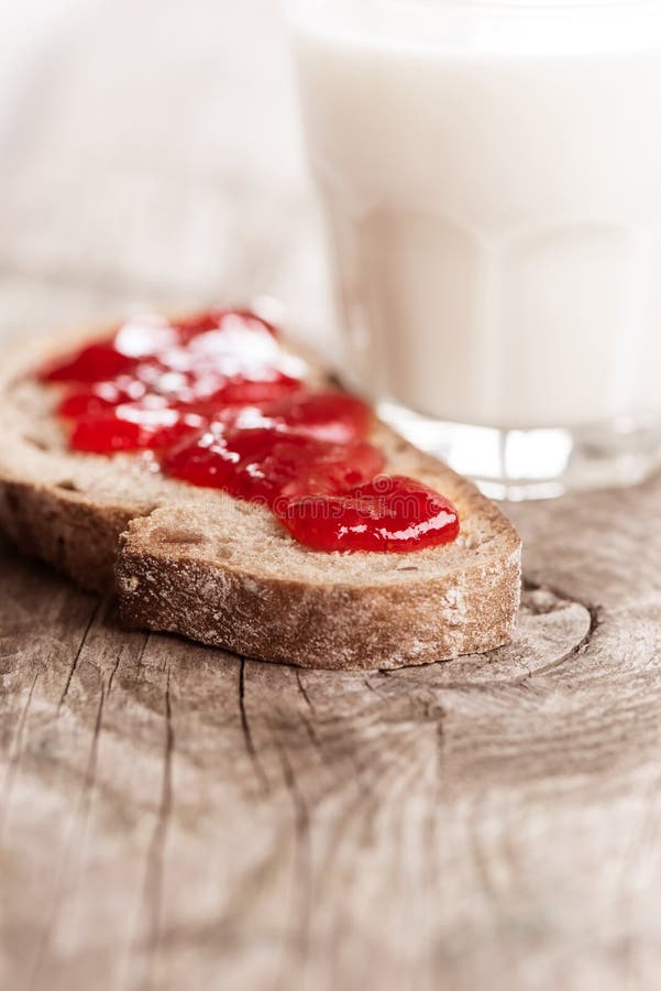 Bread with Strawberry Jam and Milk in Glass Stock Image Image of