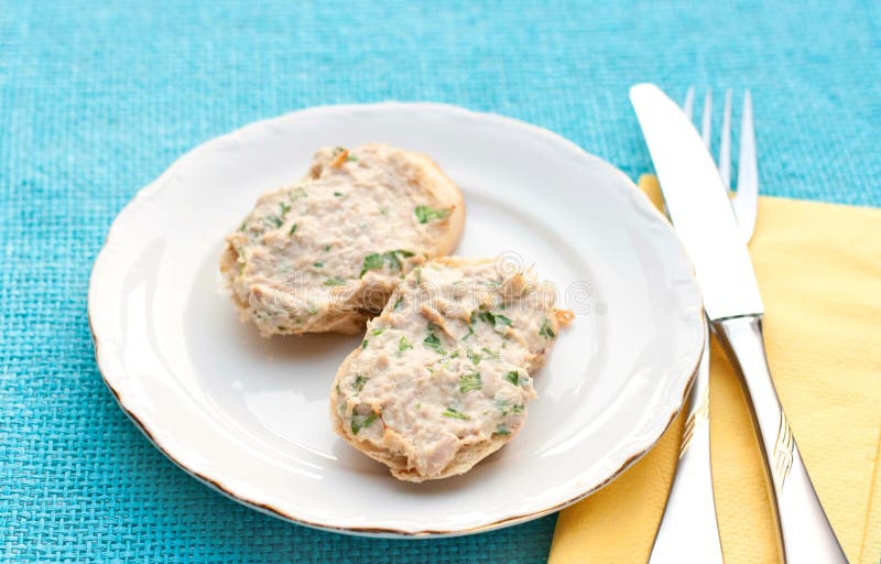 Bread with tuna spread stock image. Image of blue, bread 15425081