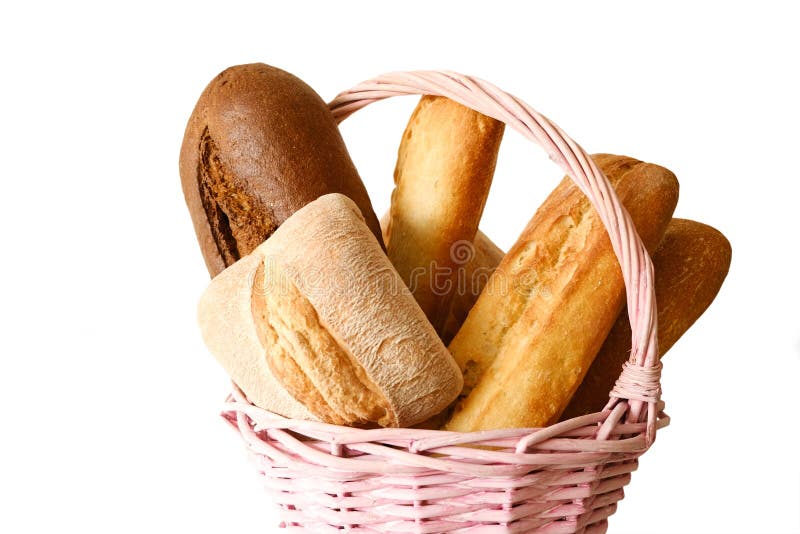 Bread Basket. Assorted Loafs of Breads on Isolated White Background. Baking Products. Stock