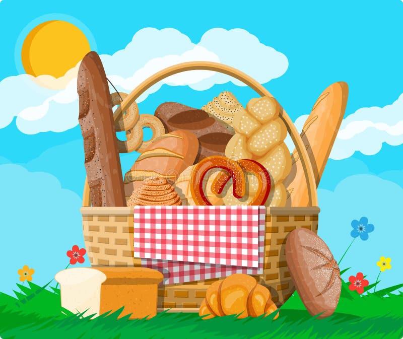 Bread in wicker basket. Nature