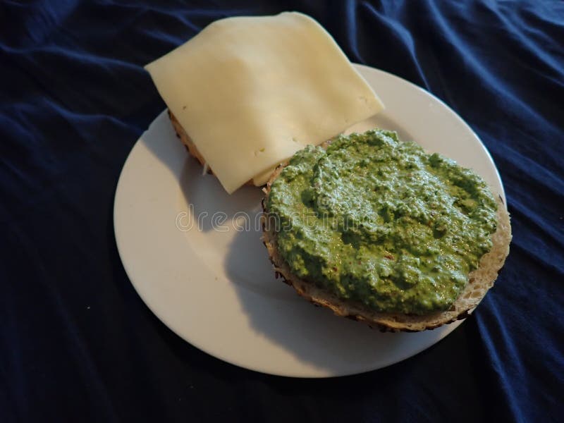 Bread Witch Cheese Slice and Green Pesto Stock Photo Image of gourmet